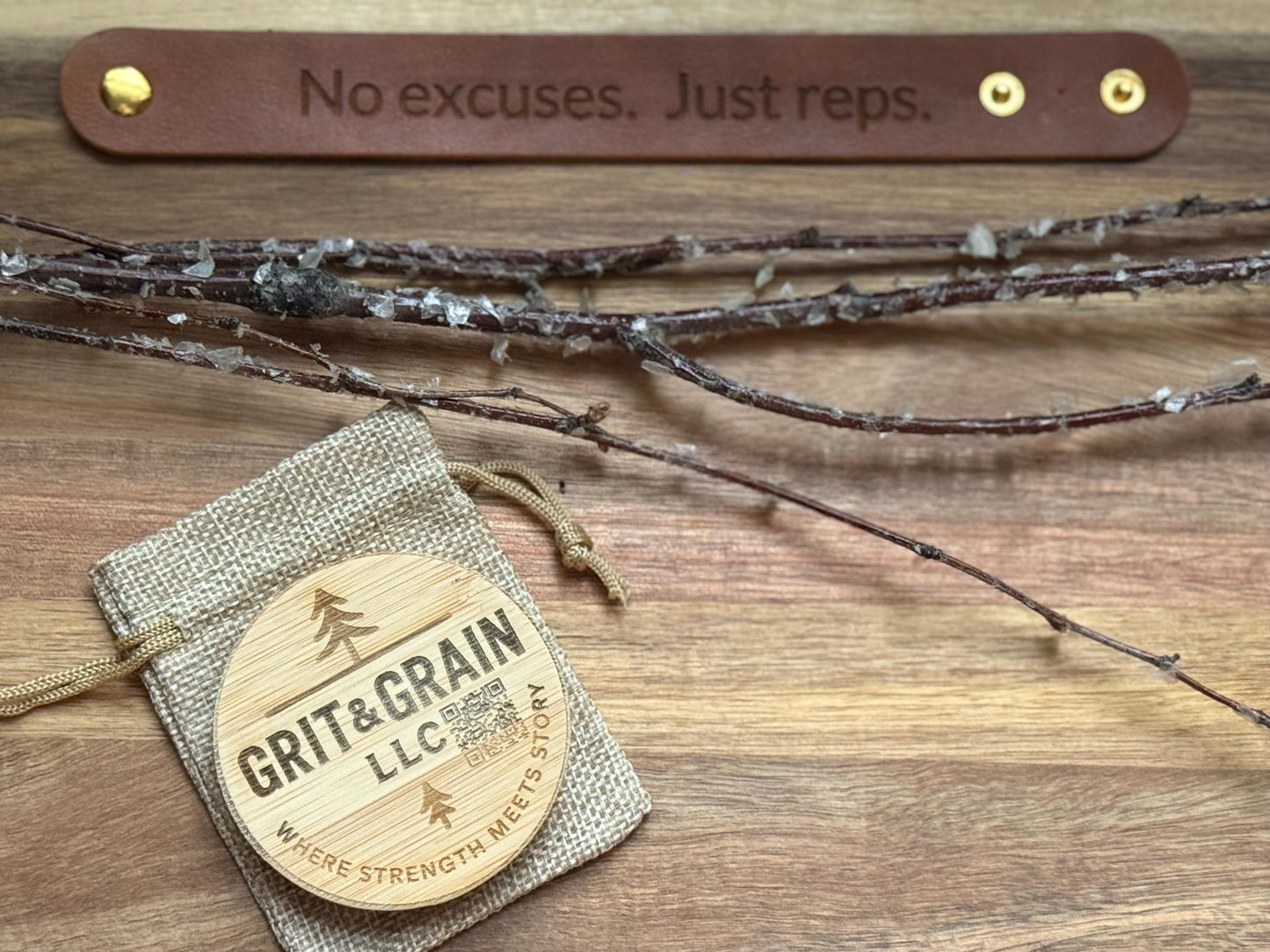 Laser Engraved Leather Motivational Cuff: "No Excuses. Just Reps."