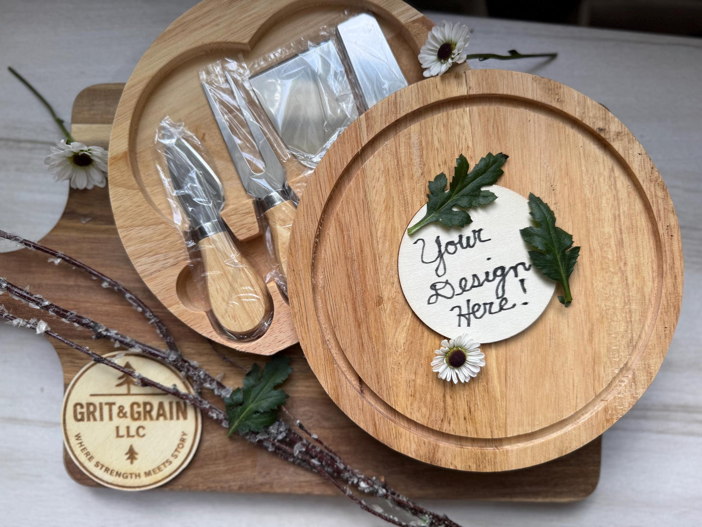 Personalized Wood Cheese Board Set: Engraved Charcuterie Board with Hidden Utensils