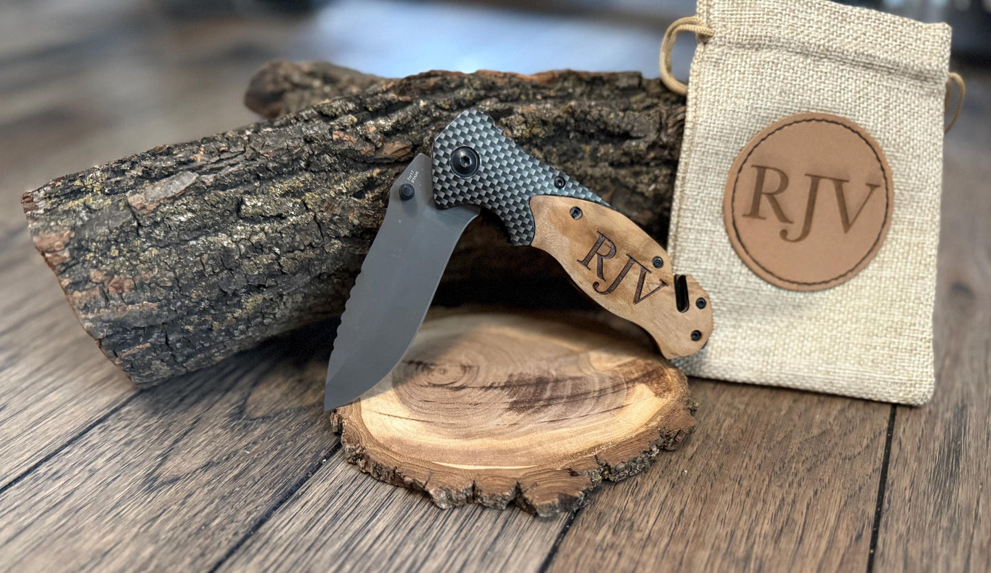 Personalized Tactical Folding Knife: Engraved Rosewood Handle, Stainless Steel Blade