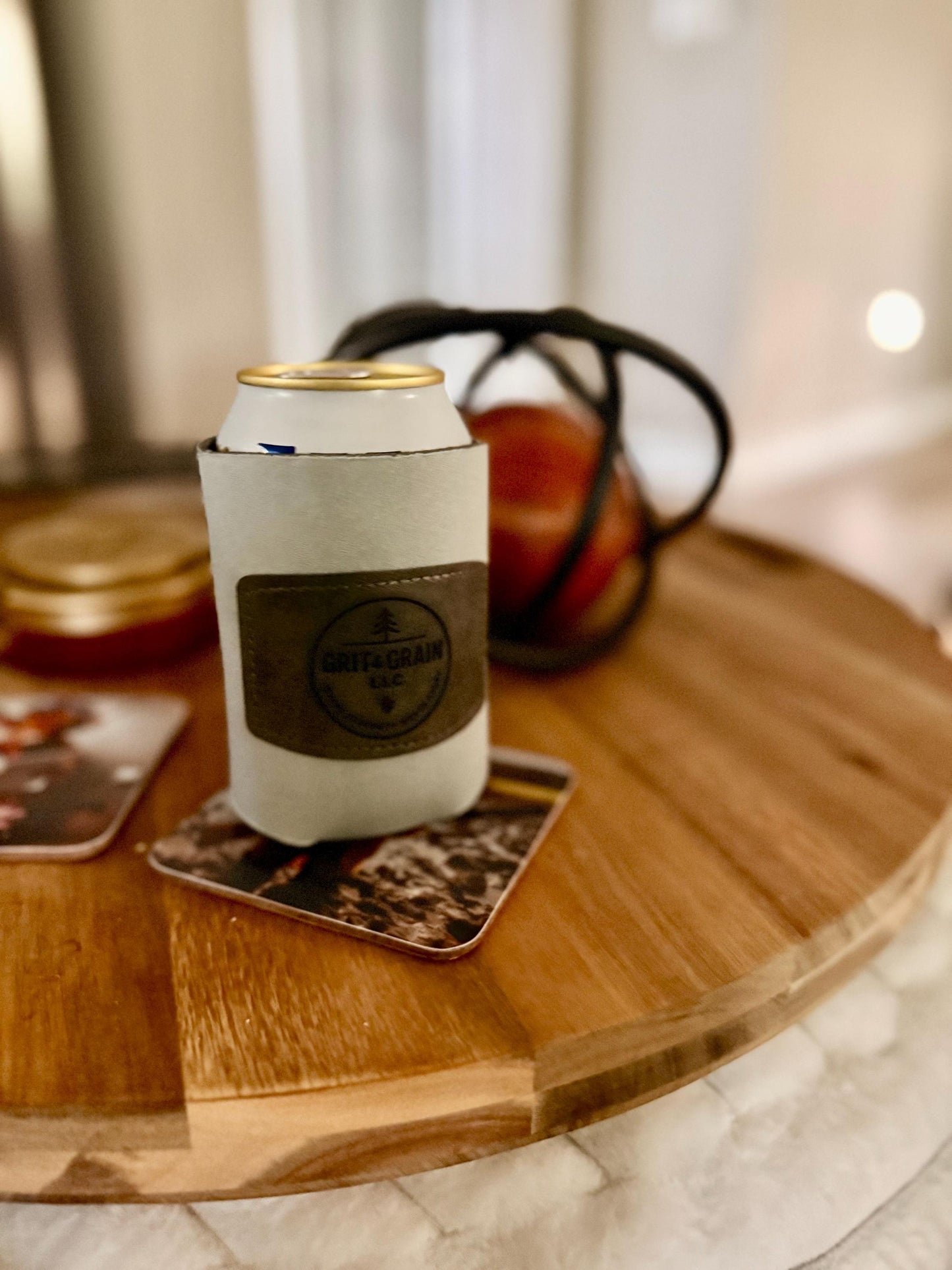CUSTOM Leather Patch Koozie – Your Logo, Name, or Design – Ships in 1-2 Days
