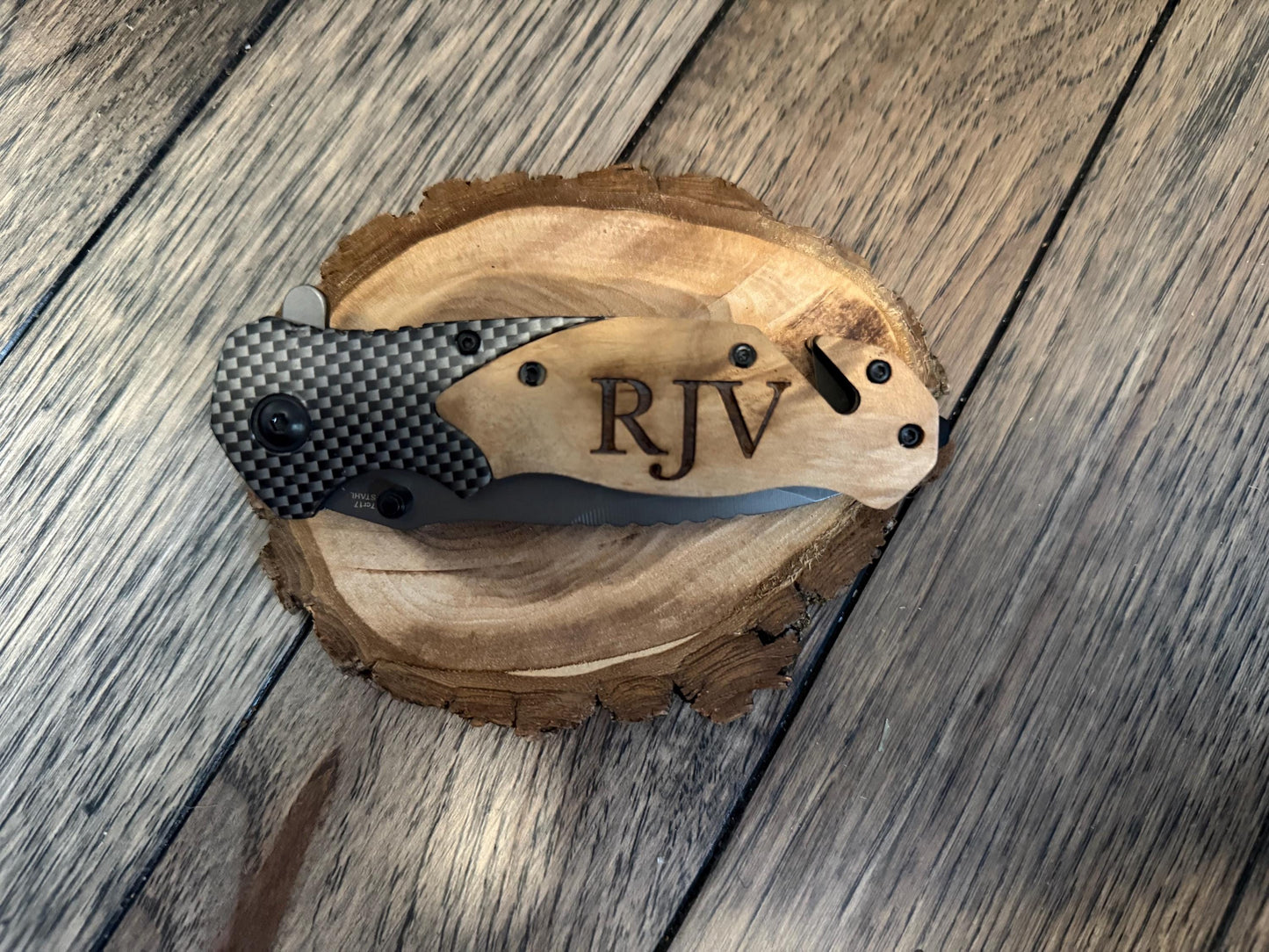Personalized Tactical Folding Knife: Engraved Rosewood Handle, Stainless Steel Blade