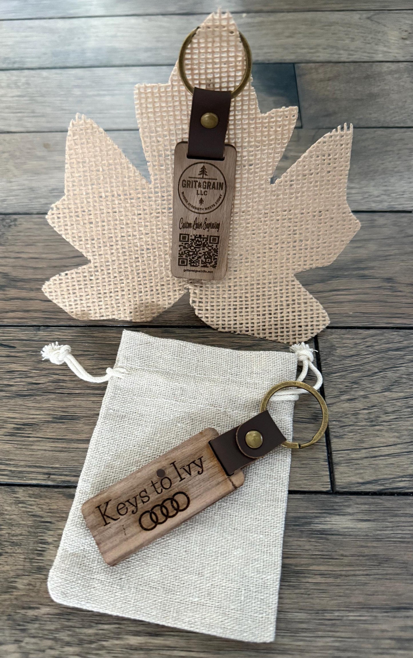 Personalized Walnut Wood Keychain: Engraved Leather Strap Key Ring