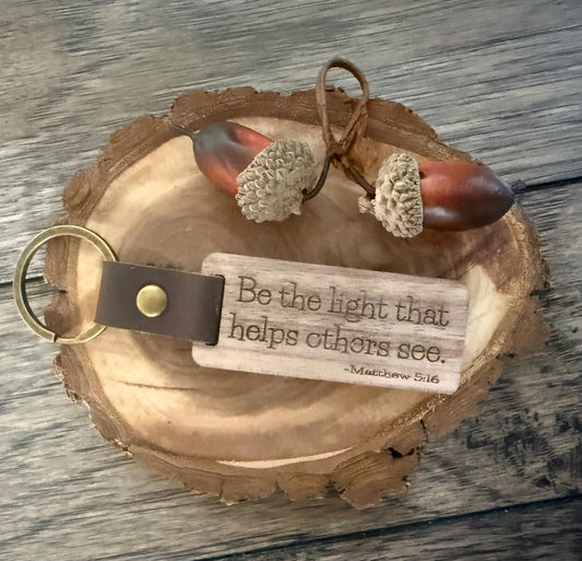 Personalized Walnut Wood Keychain: Engraved Leather Strap Key Ring