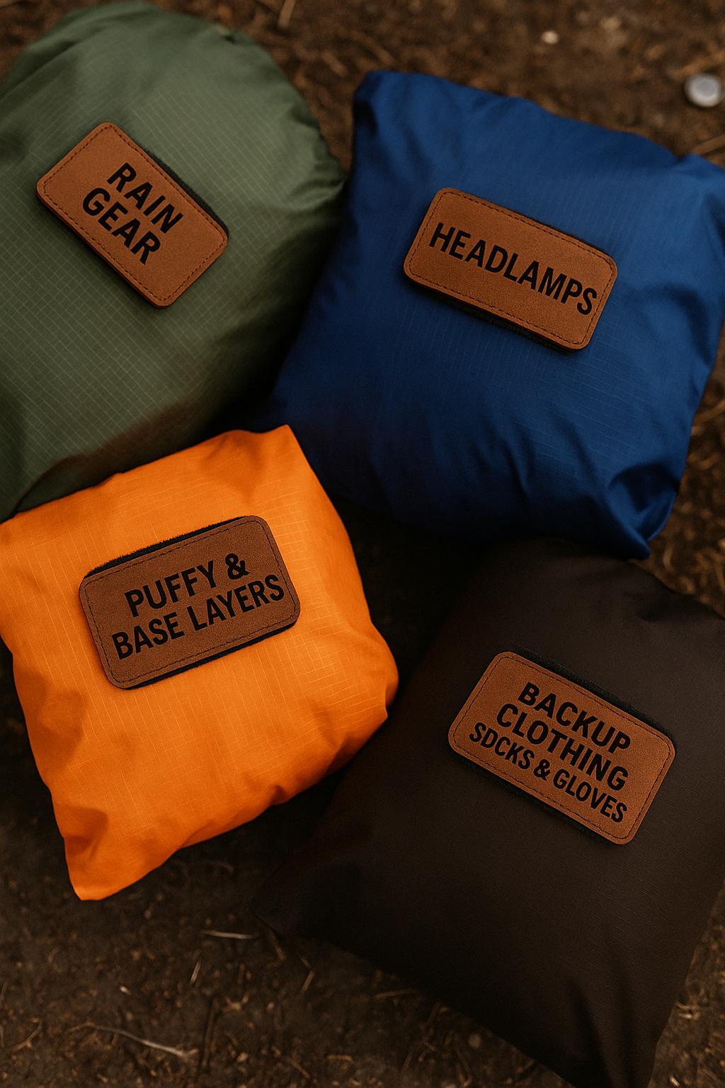 Set of 4-Custom Engraved Leather Gear Tags: Velcro-Backed Adventure Labels