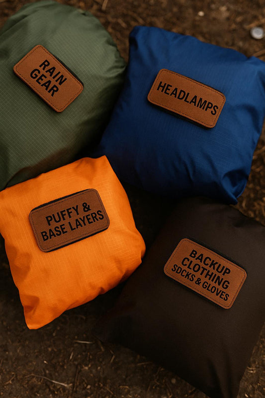 Set of 4-Custom Engraved Leather Gear Tags: Velcro-Backed Adventure Labels