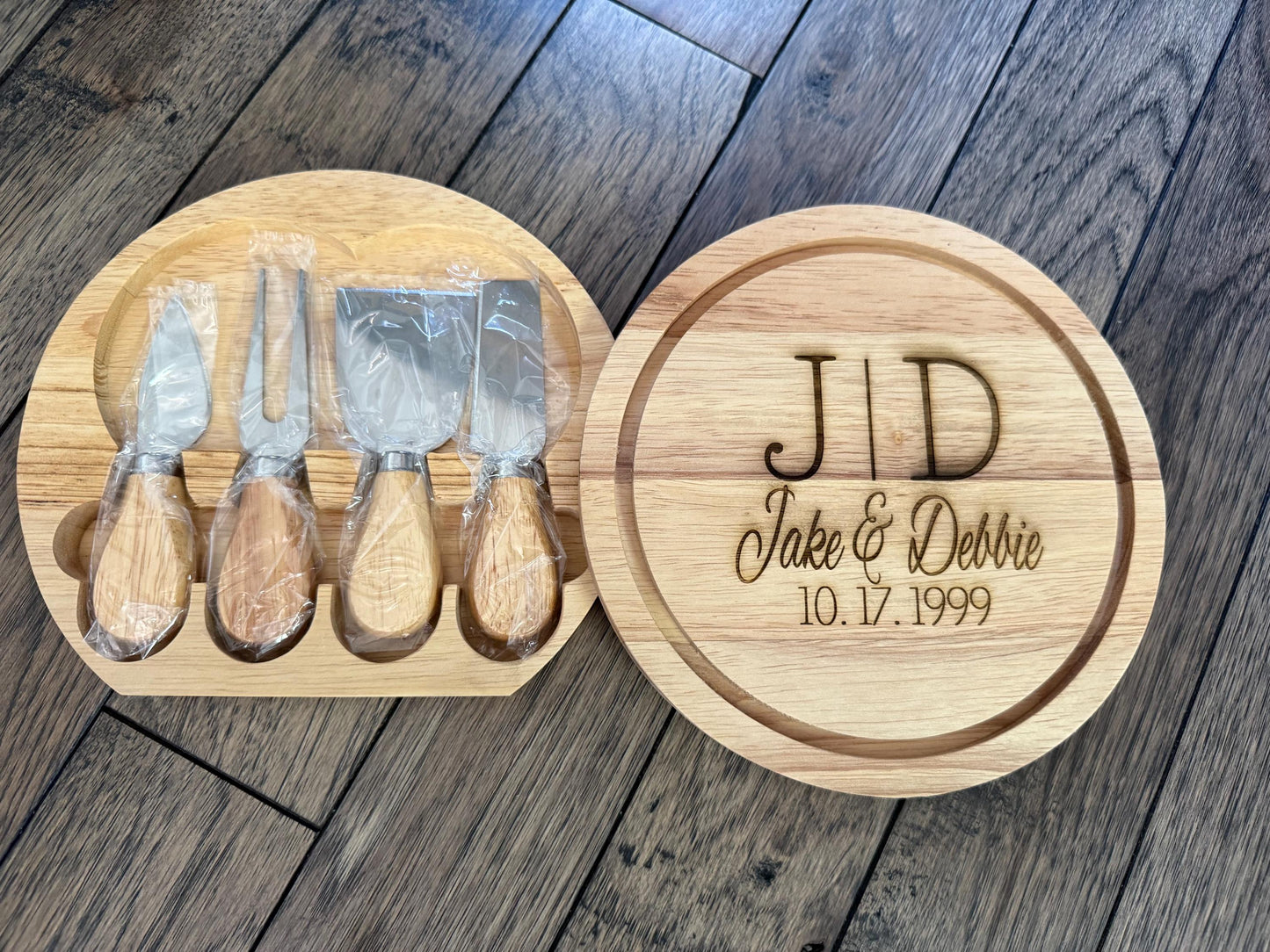 Personalized Wood Cheese Board Set: Engraved Charcuterie Board with Hidden Utensils