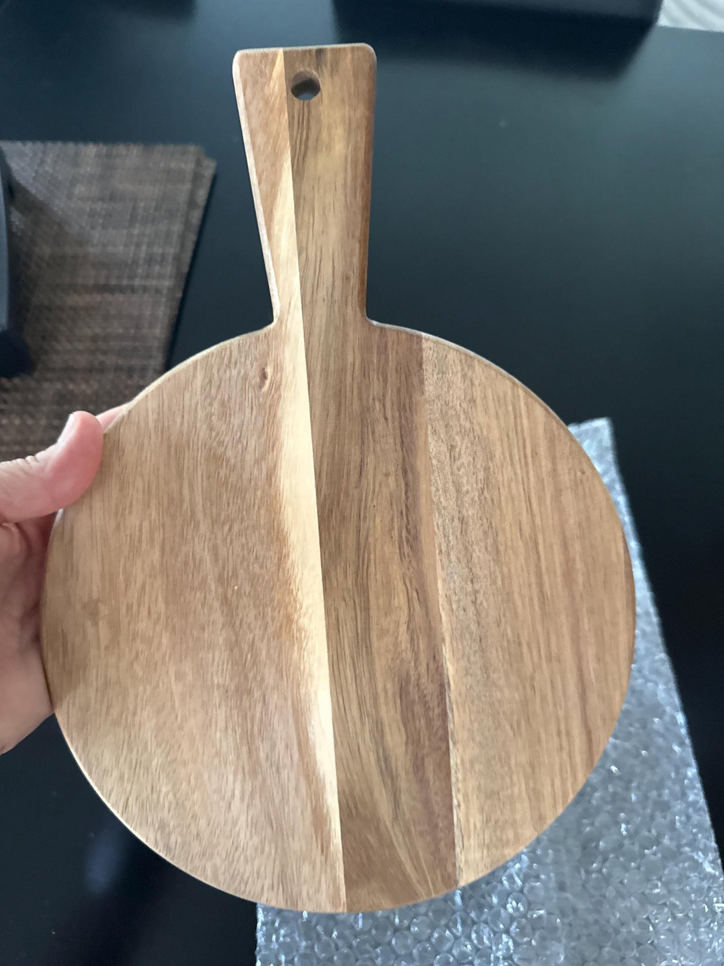 Personalized Acacia Wood Cutting Board with Handle β 8β Round Cheese, Pizza, Charcuterie or Wedding Gift β Custom Engraved Board