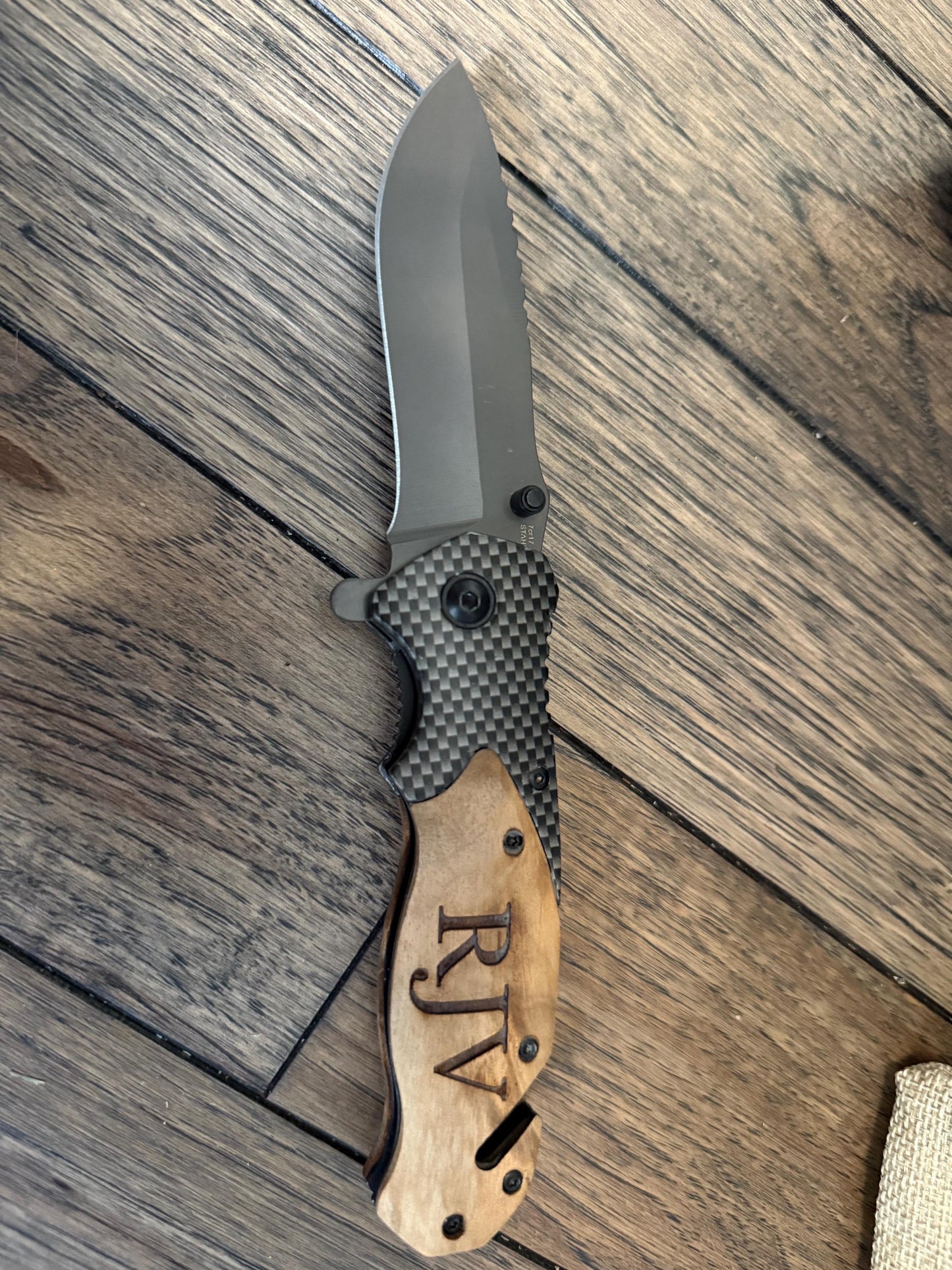 Personalized Tactical Folding Knife: Engraved Rosewood Handle, Stainless Steel Blade