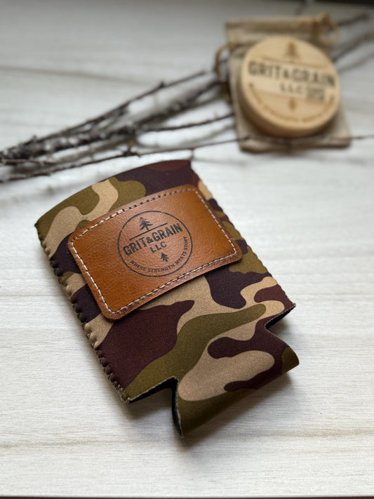 CUSTOM Leather Patch Koozie – Your Logo, Name, or Design – Ships in 1-2 Days