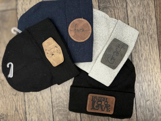 Custom Leather Patch Stocking Hat | Personalized Logo Beanie | Laser-Engraved Winter Hat | Bulk Orders Available