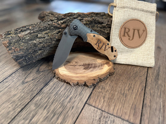 Personalized Tactical Folding Knife: Engraved Rosewood Handle, Stainless Steel Blade