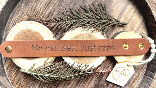 Laser Engraved Leather Motivational Cuff: "No Excuses. Just Reps."